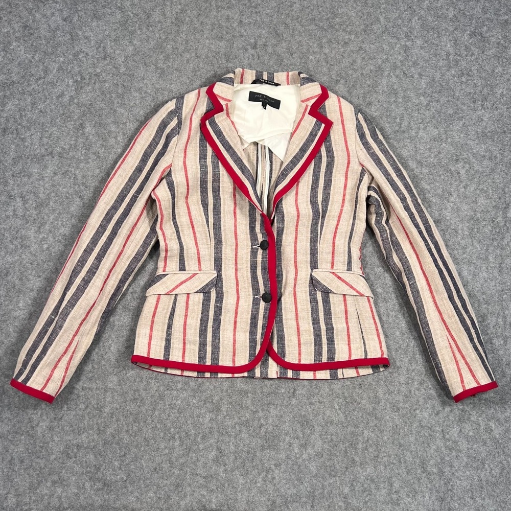 Rag & Bone Beige Red Gray Striped Linen 2-Button Blazer Jacket Women's Size 2
